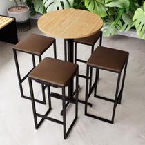 Conjunto Mesa Alta Bar Bistrô Redonda Pinus 4 Bancos Estofado Industrial Black