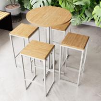 Conjunto Mesa Alta Bar Bistrô Redonda Pinus 4 Bancos Industrial White