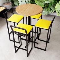 Conjunto Mesa Alta Bar Bistrô Redonda Pinus 4 Banquetas Confort Estofado Industrial Black