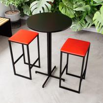 Conjunto Mesa Alta Bar Bistrô Redonda Preta 2 Bancos Estofado Industrial Black