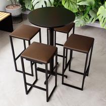 Conjunto Mesa Alta Bar Bistrô Redonda Preta 4 Bancos Estofado Industrial Black