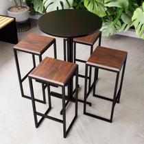 Conjunto Mesa Alta Bar Bistrô Redonda Preta 4 Bancos Imbuia Industrial Black