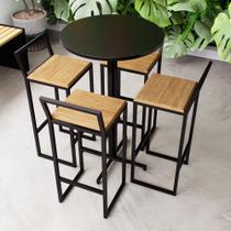Conjunto Mesa Alta Bar Bistrô Redonda Preta 4 Banquetas Confort Pinus Industrial Black