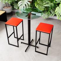 Conjunto Mesa Alta Bar Bistrô Redonda Vidro 2 Bancos Estofado Industrial Black