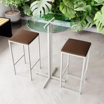 Conjunto Mesa Alta Bar Bistrô Redonda Vidro 2 Bancos Estofado Industrial White