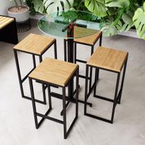Conjunto Mesa Alta Bar Bistrô Redonda Vidro 4 Bancos Pinus Industrial Black