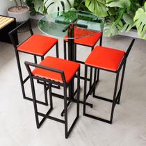 Conjunto Mesa Alta Bar Bistrô Redonda Vidro 4 Banquetas Confort Estofado Industrial Black