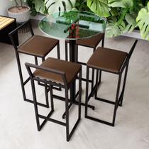 Conjunto Mesa Alta Bar Bistrô Redonda Vidro 4 Banquetas Confort Estofado Industrial Black