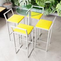 Conjunto Mesa Alta Bar Bistrô Redonda Vidro 4 Banquetas Confort Estofado Industrial White