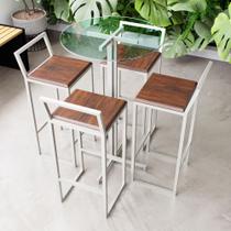 Conjunto Mesa Alta Bar Bistrô Redonda Vidro 4 Banquetas Confort Imbuia Industrial White