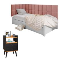 Conjunto Mesa Apoio Dream Pés Retrô 2 Gavetas E Cabeceira Protetor Lateral Aurora Cama Box Solteiro - RPM Móveis