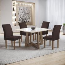 Conjunto Mesa Arizona 100cm com 4 Cadeiras Canela Tampo Slim Plus com Vidro Chocolate/Off White/Veludo Marrom