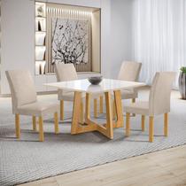 Conjunto Mesa Arizona 100cm com 4 Cadeiras Canela Tampo Slim Plus com Vidro Cinamomo/Off White/Boucle Bege