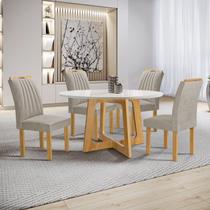 Conjunto Mesa Arizona 120cm com 4 Cadeiras Arizona Tampo Redondo Plus com Vidro Cinamomo/Off White/Bege Claro