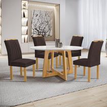 Conjunto Mesa Arizona 120cm com 4 Cadeiras Arizona Tampo Redondo Plus com Vidro Cinamomo/Off White/Marrom