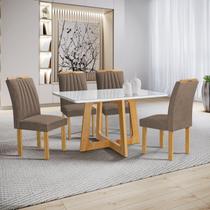 Conjunto Mesa Arizona 120cm com 4 Cadeiras Arizona Tampo Smart Plus com Vidro Cinamomo/Off White/Bege Escuro