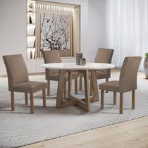 Conjunto Mesa Arizona 120cm com 4 Cadeiras Canela Tampo Redondo Plus com Vidro Chocolate/Off White/Bege Escuro