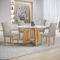 Conjunto Mesa Arizona 120cm com 4 Cadeiras Canela Tampo Redondo Plus com Vidro Cinamomo/Off White/Bege Claro