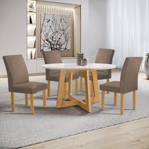 Conjunto Mesa Arizona 120cm com 4 Cadeiras Canela Tampo Redondo Plus com Vidro Cinamomo/Off White/Bege Escuro