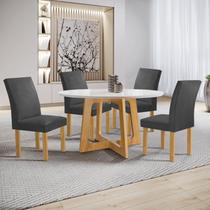 Conjunto Mesa Arizona 120cm com 4 Cadeiras Canela Tampo Redondo Plus com Vidro Cinamomo/Off White/Boucle Cinza