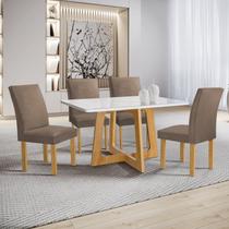 Conjunto Mesa Arizona 120cm com 4 Cadeiras Canela Tampo Smart Plus com Vidro Cinamomo/Off White/Bege Escuro