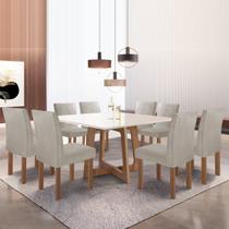 Conjunto Mesa Arizona 135cm com 8 Cadeiras Canela Tampo Slim Plus com Vidro Chocolate/Off White/Bege Claro