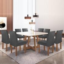 Conjunto Mesa Arizona 135cm com 8 Cadeiras Canela Tampo Slim Plus com Vidro Chocolate/Off White/Cinza