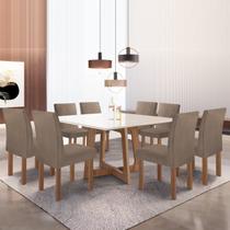 Conjunto Mesa Arizona 135cm com 8 Cadeiras Canela Tampo Slim Plus com Vidro Chocolate/Off White/Veludo Bege Escuro