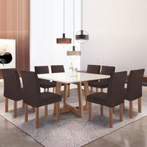 Conjunto Mesa Arizona 135cm com 8 Cadeiras Canela Tampo Slim Plus com Vidro Chocolate/Off White/Veludo Marrom
