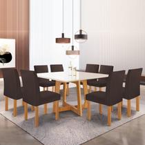 Conjunto Mesa Arizona 135cm com 8 Cadeiras Canela Tampo Slim Plus com Vidro Cinamomo/Off White/Marrom