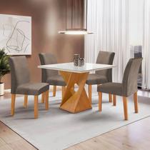 Conjunto Mesa Barcelona 100cmx100cm 4 Cadeiras Espanha Tampo Slim Plus Quadrado Vidro Yescasa Cinamomo/Off White/Bege Escuro