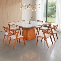 Conjunto Mesa Bérgamo Tampo c/Detalhe e 8 Cadeiras Madeira Maciça, Estofada e Rattan de Fibra 100% m Conjunto Mesa Bérgamo Tampo c/Detalhe e 8 Cadeiras Madeira Maciça, Estofada e Rattan de Fibra 100% m