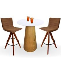 Conjunto Mesa Bistrô Cone 70 cm Laca Branca Base Altura 100 cm Freijó + 2 Banquetas Cercatto Giratória