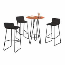 Conjunto Mesa Bistrô Dubai Tampo Madeira com 3 Banquetas em Couro Preto e Metal Preto
