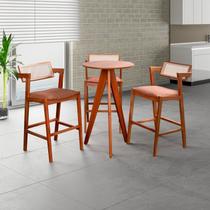 Conjunto Mesa Bistrô e 3 Banquetas Madeira Maciça, Estofada e Rattan de Fibra 100% Natural Nápoles Conjunto Mesa Bistrô e 3 Banquetas Madeira Maciça, Estofada e Rattan de Fibra 100% Natural Nápoles
