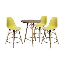 Conjunto Mesa Bistrô Eames Eiffel Amêndoa com 3 Banquetas Amarelas de Madeira