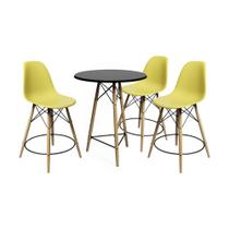 Conjunto Mesa Bistrô Eames Eiffel Preta com 3 Banquetas Amarelas de Madeira