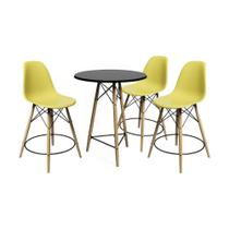 Conjunto Mesa Bistrô Eames Eiffel Preta Com 3 Banquetas Amarelas De Madeira - Cor: Preto