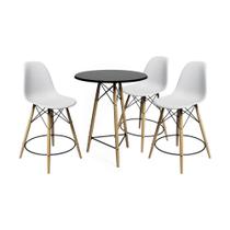 Conjunto Mesa Bistrô Eames Eiffel Preta com 3 Banquetas Brancas de Madeira