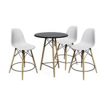 Conjunto Mesa Bistrô Eames Eiffel Preta Com 3 Banquetas Brancas De Madeira - Cor: Preto