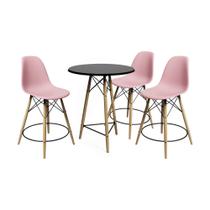 Conjunto Mesa Bistrô Eames Eiffel Preta com 3 Banquetas Rosas de Madeira