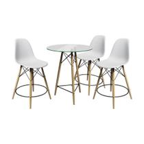 Conjunto Mesa Bistrô Eames Eiffel Vidro Com 3 Banquetas Brancas De Madeira - Cor: Branco