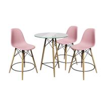 Conjunto Mesa Bistrô Eames Eiffel Vidro com 3 Banquetas Rosas de Madeira