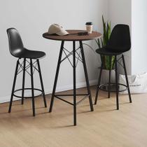 Conjunto Mesa Bistrô Redonda Estrutura em Ferro Preto com Tampo Amendoa com 2 Banquetas Eames Preta Conjunto Mesa Bistrô Redonda Estrutura em Ferro Preto com Tampo Amendoa com 2 Banquetas Eames Preta