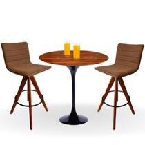 Conjunto Mesa Bistrô Saarinen 70 cm Tampo Pau Ferro Base Altura 105 cm Preta + 2 Banquetas Cercatto Giratória