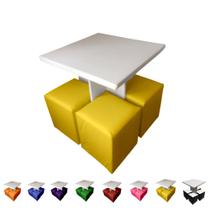 Conjunto Mesa Branca Com 4 Puffs Quadrados Banquinho Sala Decoração