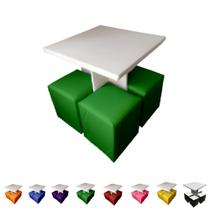 Conjunto Mesa Branca Com 4 Puffs Quadrados Banquinho Sala Decoração