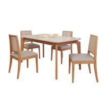 Conjunto Mesa Cimol Ficus 130x80cm com 4 Cadeiras em Madeira e Tecido Linho - Madeira/Cinza