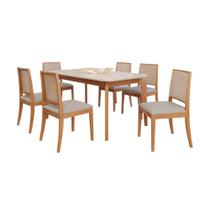 Conjunto Mesa Cimol Ficus 160x80cm com 6 Cadeiras em Madeira e Tecido Linho - Madeira/Cinza