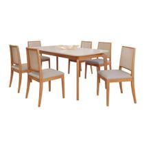 Conjunto Mesa Cimol Ficus 180x90cm com 6 Cadeiras em Madeira e Tecido Linho - Madeira/Cinza